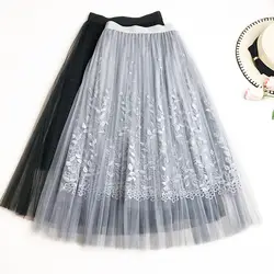 2019 Весна новое поступление Чистая Пряжа длинные юбки для женщин для цветочный Вышивка плиссированная юбка большой маятник ЮБК