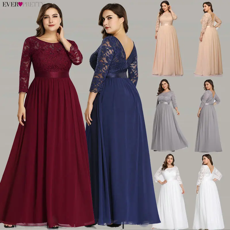 Plus Size Ever Pretty Evening Dresses Long EP07412 Elegant Long Sleeve A-line Lace Chiffon Navy Blue Winter Wedding Guest Dresse