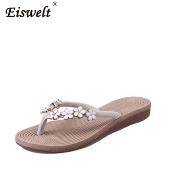 

EISWELT New Plus Size Fashion Floral Metal Beach Shoes Women Summer Slippers Summer Flip Flops Flat Shoes for Ladies Sandals