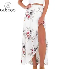 2017 new summer women feminina blusas bohemian style sexy asymmetrical hem split floral print ankle-length skirts with sash