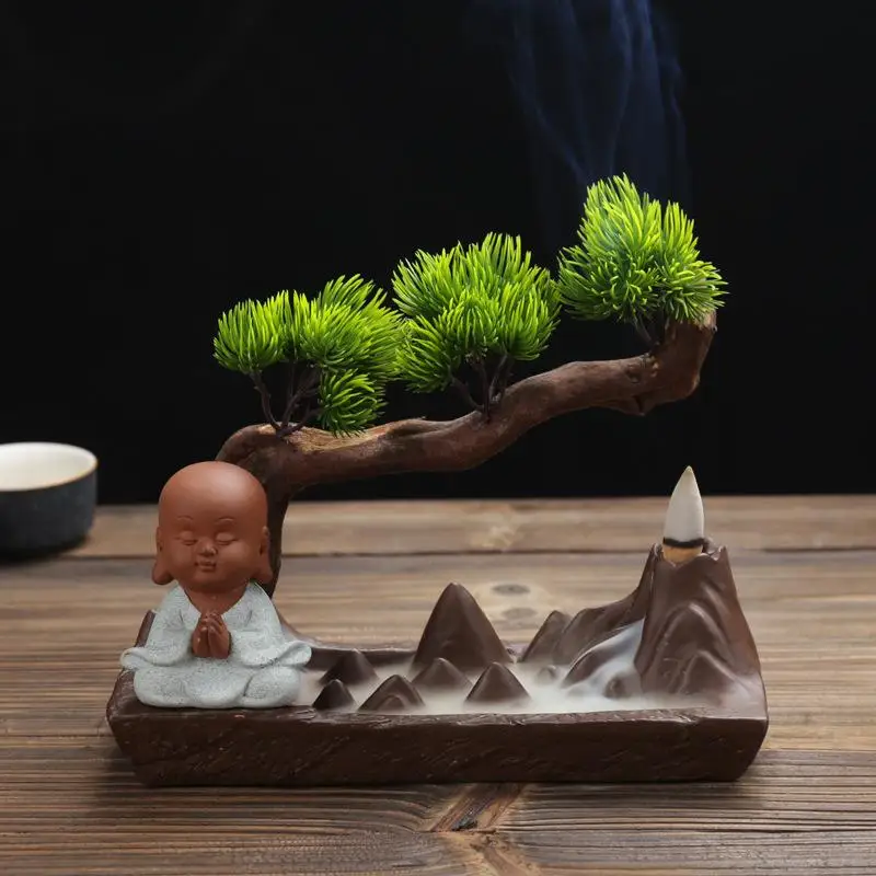 Маленький монах обратного курильница с дымом водопад курильница с держателем сосна керамика кадило Mountain River ремесленных - Цвет: 3