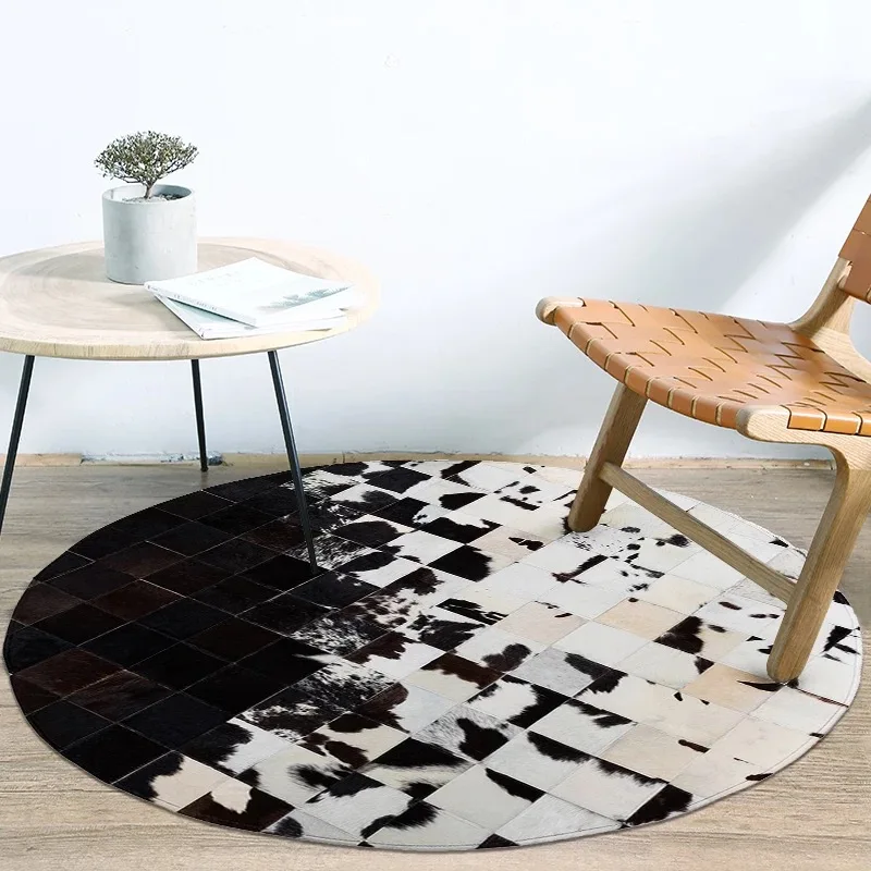 Handmade patchwork cowhide leather stitching round rug Study room black