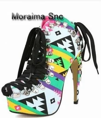 

Moraima Snc Punk style lace-up woman ankle boots rivets riding boots party style high heel shoes woman boots free shipping