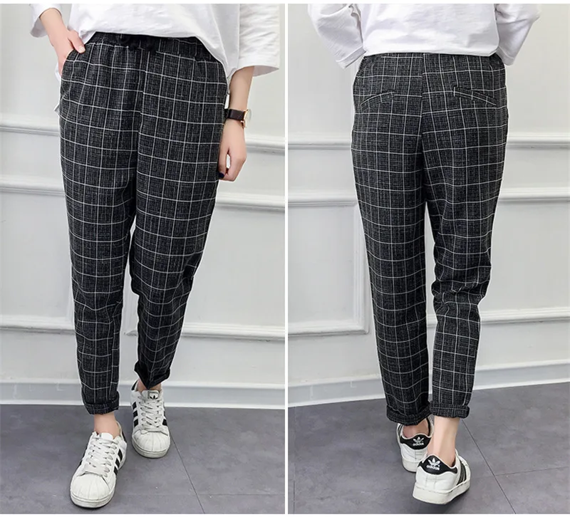 

2019 Summer Dash Plaid Cotton And Linen Loose Casual Large Size Pants And Straight Type Street Hipster Trousers