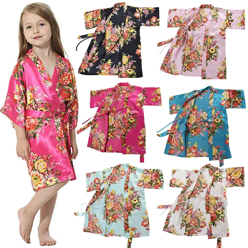 Детская шелковый халат в цветочек кимоно халат подружки невесты платье с цветочным узором для девочек банный халат, одежда для сна, ночная сорочка, одежда для сна, Домашняя Пижама