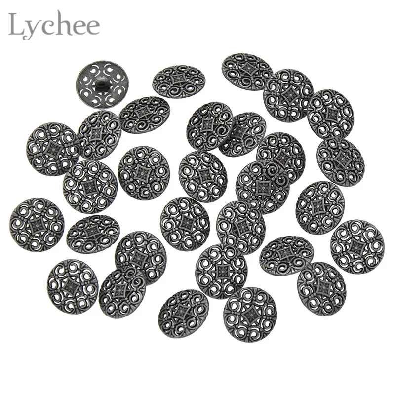 Lychee Life 30pcs Silver Metal Carving Shank Button Hollow Out Flower Carved Button DIY Sewing Handmade Scrapbook Craft Supply