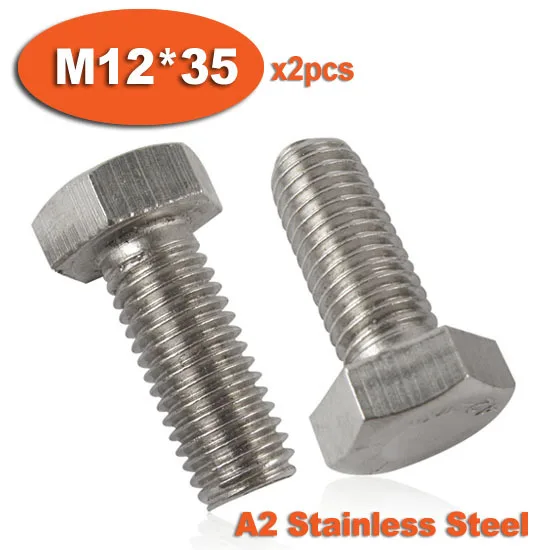 2pcs DIN933 M12 x 35 Fully Threaded Stainless Steel Bolts A2 Hexagon
