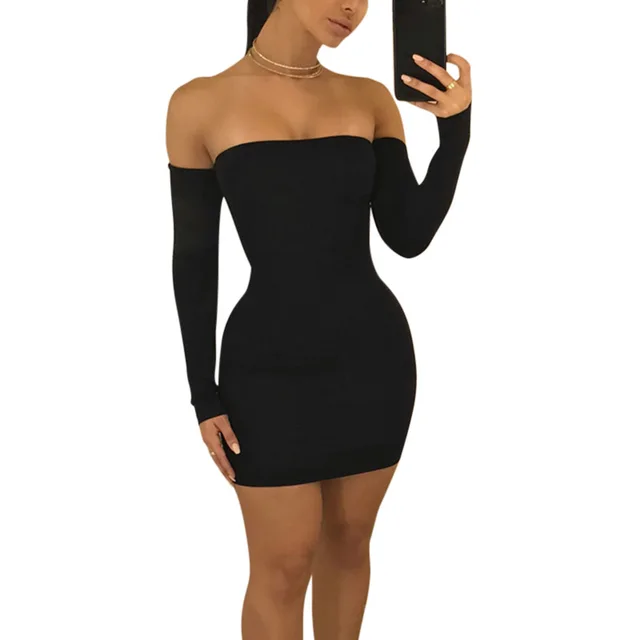 Fashion Summer Autumn Women Sexy Dresses Off Shoulder Solid Color Backless Bandage Long Sleeve Ladies Bodycon Dress FS99 1