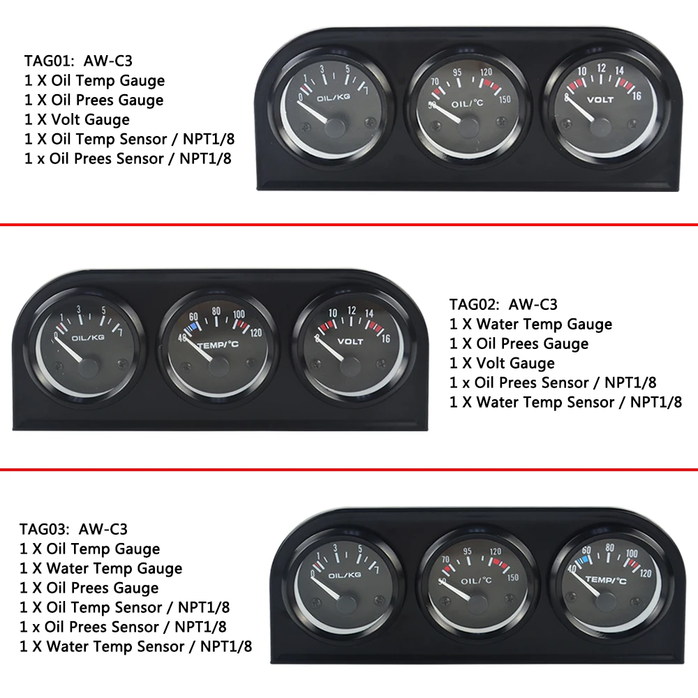 AW-C3 252MM Triple Gauge Kit Voltmeter Water Temp Gauge Oil Pressure Gauge with Sensor Car Meter YC100895 For Cars Trucks Tractors and Marine Engines