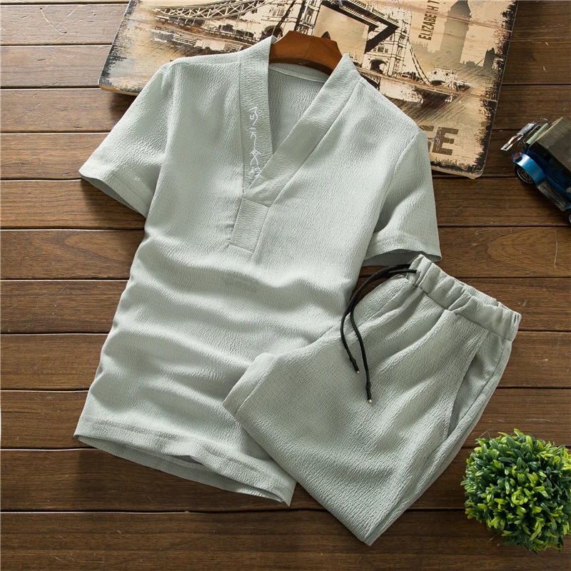  Summer Pure Color Embroidered Men's 2 Piece Set Chinese Style Men V-neck Short-Sleeve T-Shirt & Dra
