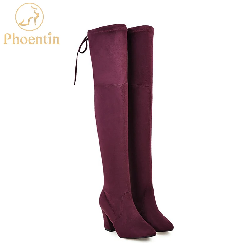 

Phoentin new thigh high boots faux suede pointed toe overknee hoof high heels boots for girls wine red woman autumn shoes FT207