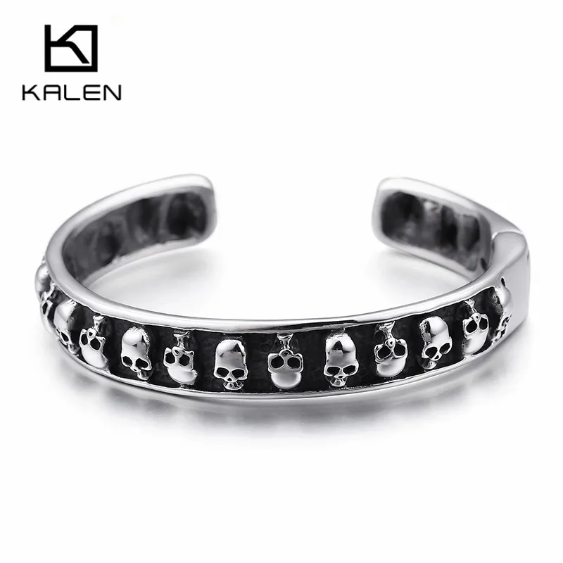 

KALEN New Stainless Steel Punk Skull Bangles For Men Polished Skull Heads Cuff Bracelet & Bangle Gothic Wristband Biker Jewelry