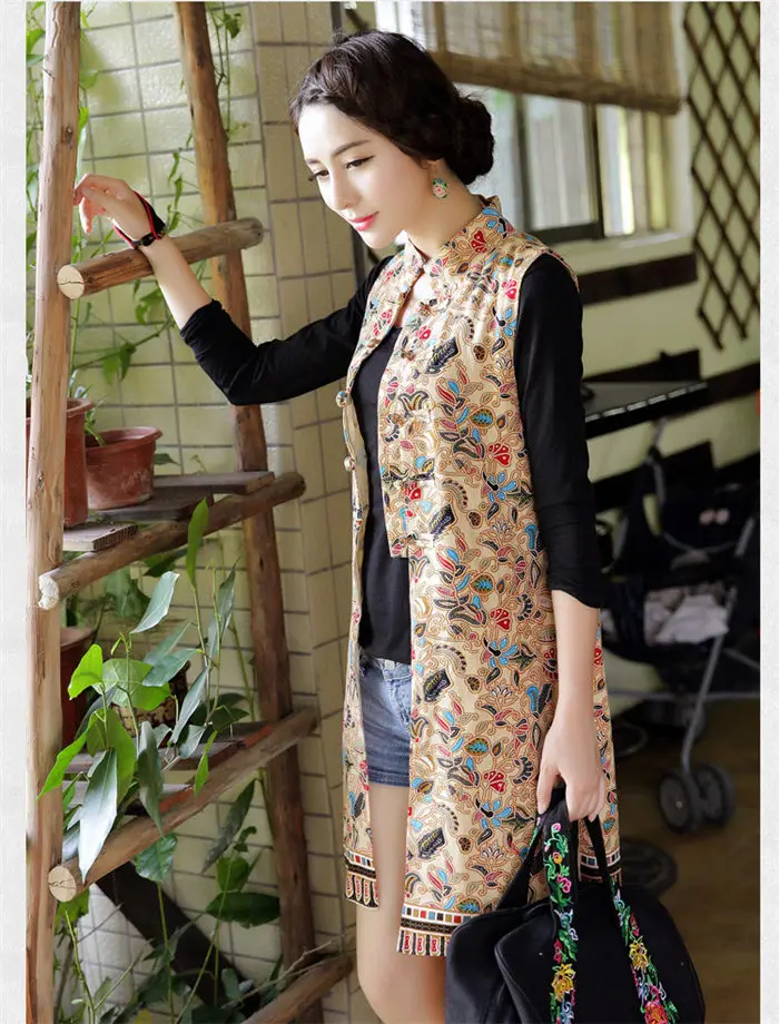 Woman Vest New Arrival Chinese Style Women Sleeveless Jacket Vintage Print Long Slim Ethnic Waistcoat Cotton Linen Tops f1073