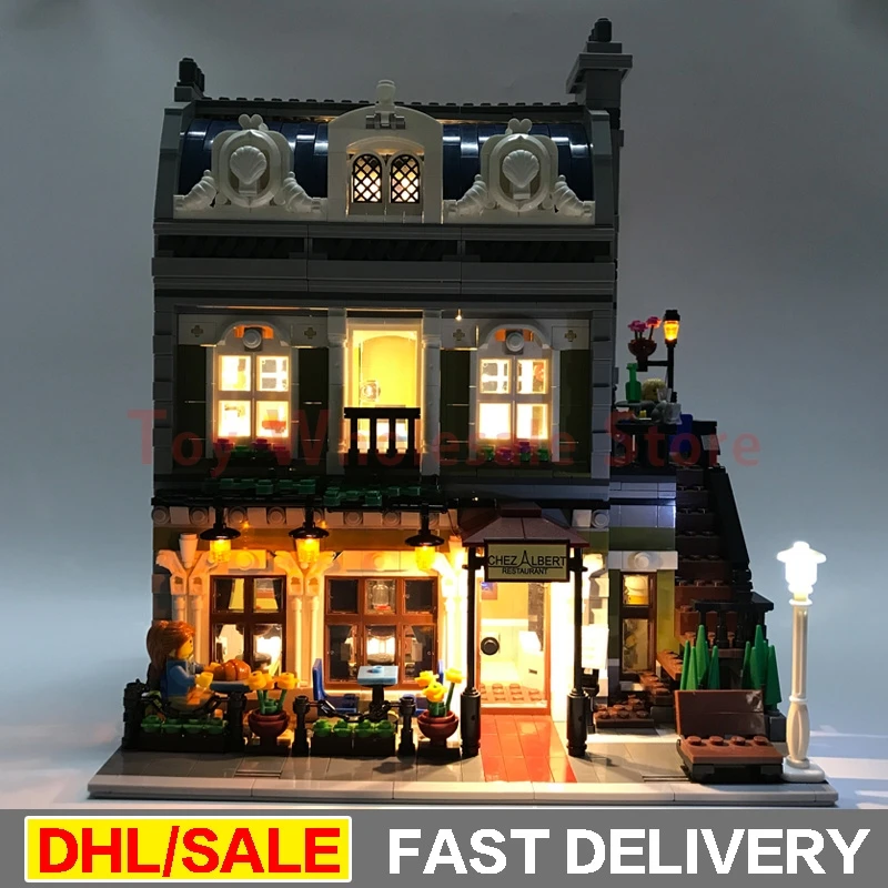 

LEPIN 15010 DIY LED Light Parisian Restaurant MOC City Street Model Building Block Set Bricks Kit Set lepinings toys Clone 10243