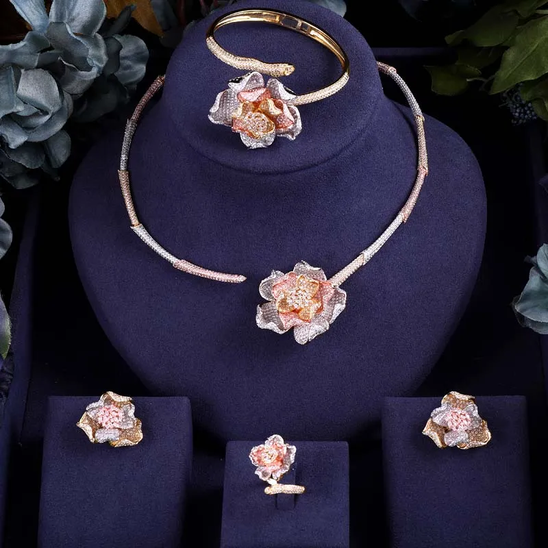 

Accking CZ Luxury Flower For Women Party Dubai Necklace Bracelet Earringa Rings CZ Crystal Wedding Jewelry Sets