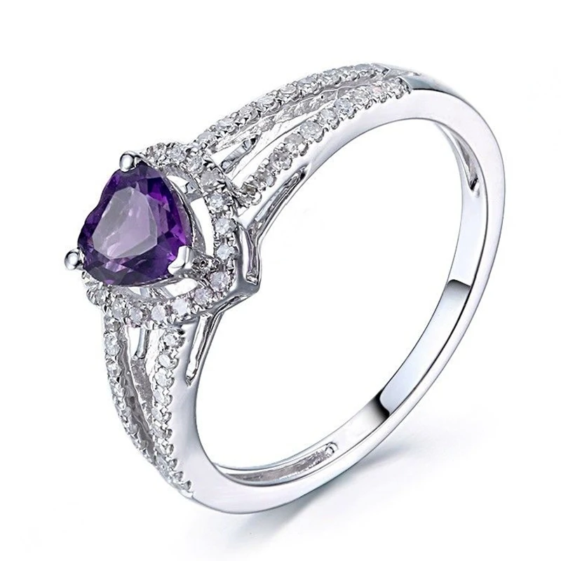 

HELON Flawless 5x4mm Heart Shape Amethyst Gemstone Wedding Ring Sterling Silver 925 Pave 0.22ct Natural Diamond Engagement Ring