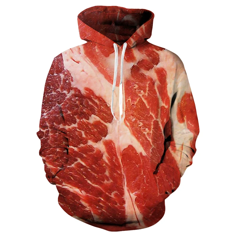 

2019 New Unisex 3D Printed Raw Meat Long Sleeve Hooded Sweatshirt Blouse Autumn Winter Loose Thin Couple Hoody Tops Pullovers