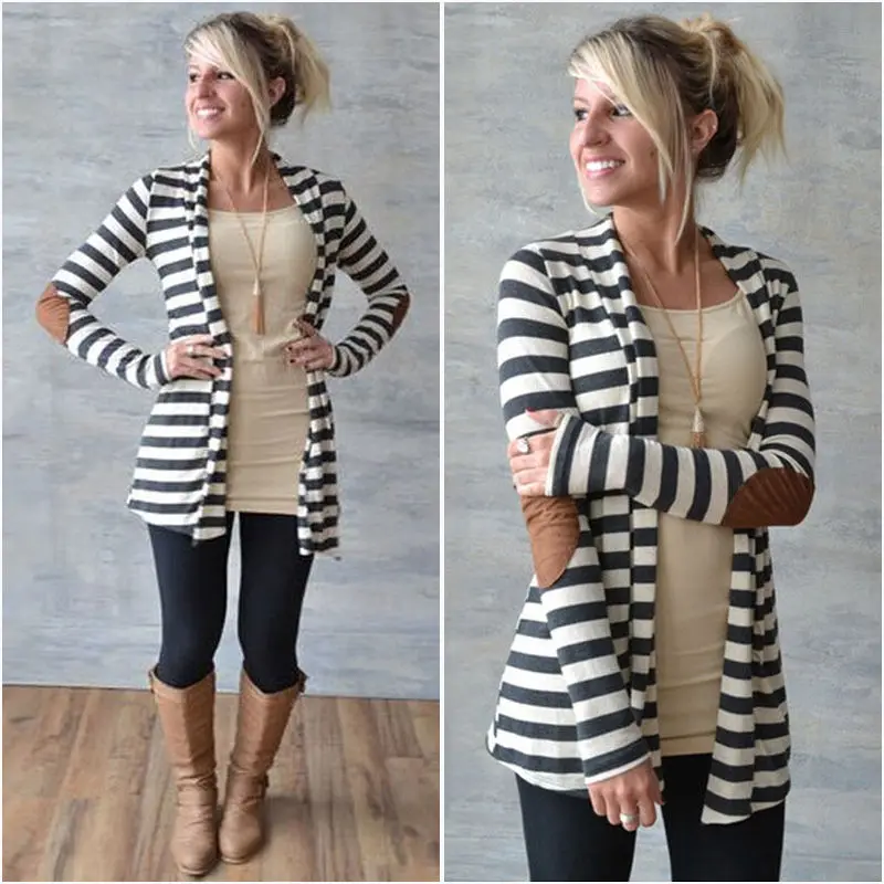 

Women Long Cardigan Coat Long Sleeves Casual Loose Sweater Autumn Striped Sweater Women Clothing