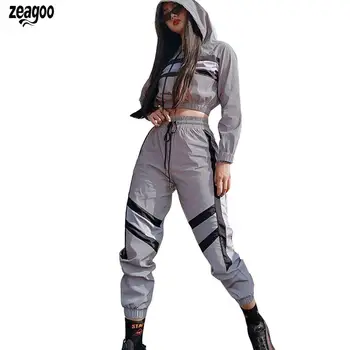 

Women Casual Patchwork Reflective Hooded Long Sleeve Top Pants Tracksuit Gray Short Spring/Autumn Set