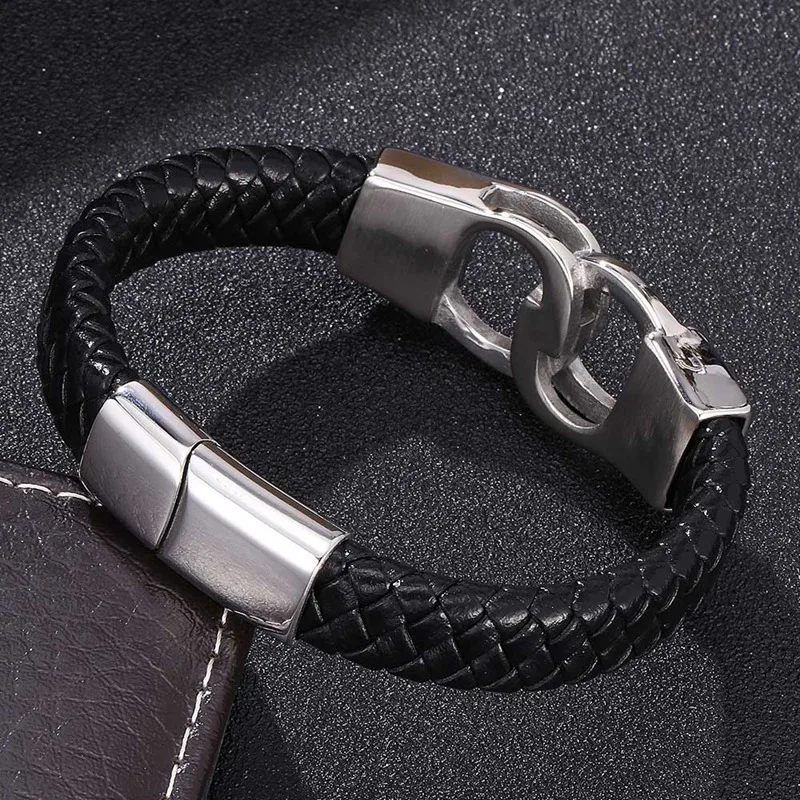 Модный мужской браслет из натуральной кожи черного и коричневого цвета, наручники из нержавеющей стали, браслет на цепочке, мужские ювелирные изделия BB0321