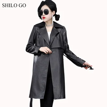

SHILO GO Leather Trench Womens Spring Fashion sheepskin genuine long coat ruffles shoulder lapel collar single button coat