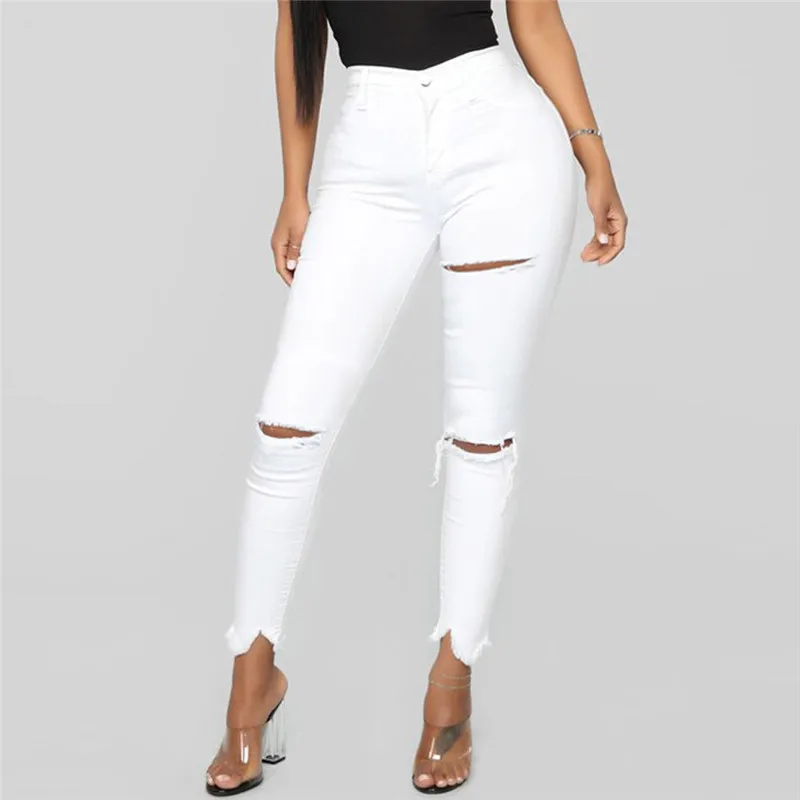 2019 White Jeans Stretch Sexy Women Skinny Jeans Mid Waist Stretch Pencil Pants Ripped Torn Jeans Combinaison Pantalon A30@ 2019 White Jeans Stretch Sexy Women Skinny Jeans Mid Waist Stretch Pencil Pants Ripped Torn Jeans Combinaison Pantalon A30@