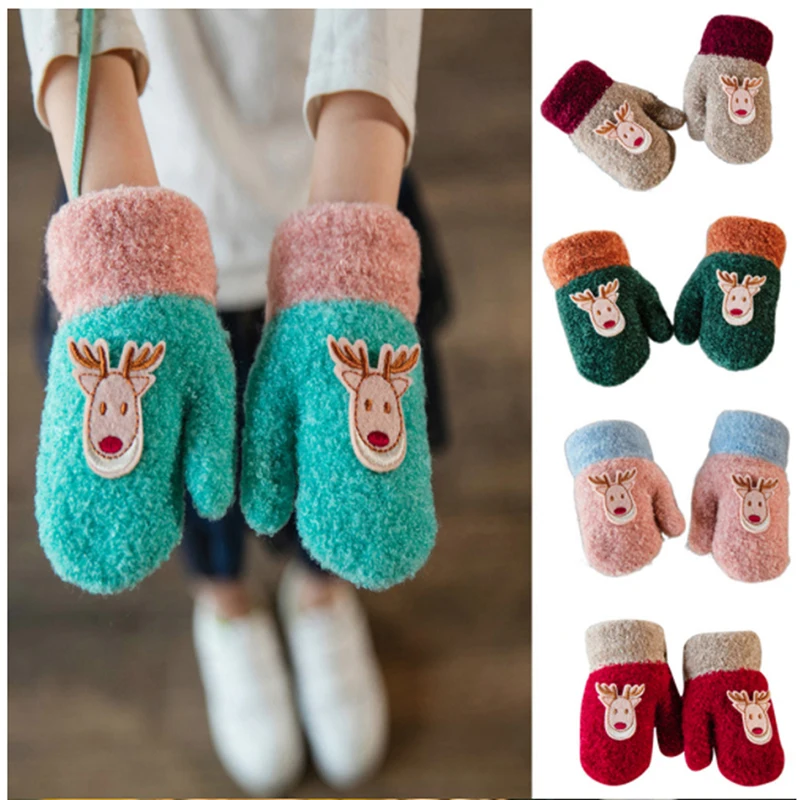 Fashion Children Winter Thick Gloves Cute Warm Winter Knitted Gloves Mittens Cartoon Print Warm Girls Boys Full Finger Gloves