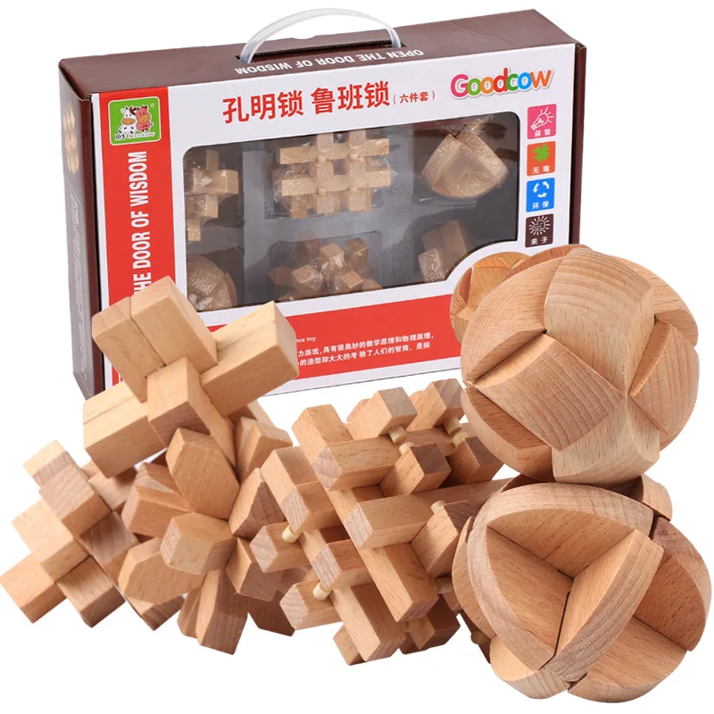 

Assembly Challenging Educational 6pcs Chinese puzzle, Kong Mingsuo Luban Lock wooden toys Desktop games, Wood Adult unlock game