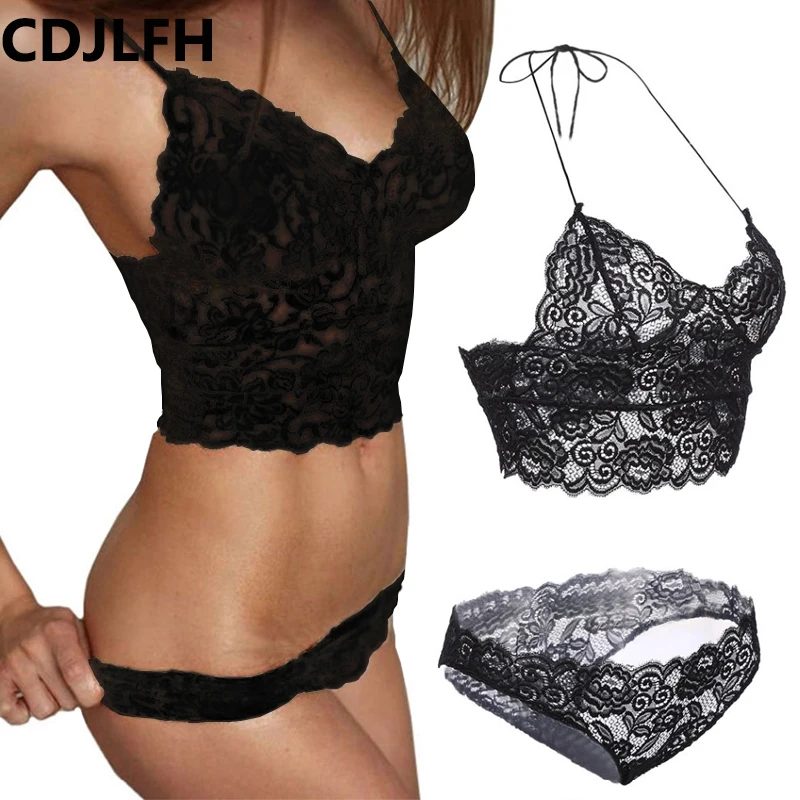 

Translucent Lace Hollow Underwear Set 2018 Sexy Ultrathin Temptation Lingerie Bra Set Solid Color Bra Deep V Women Lingerie Set