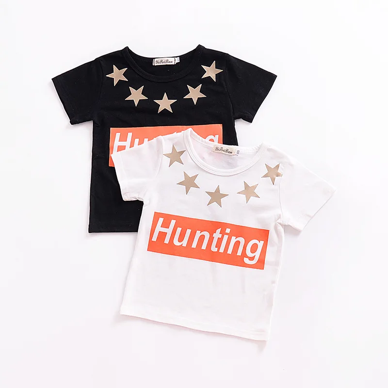 

Kids T Shirts Boys and Girls Summer T Shirts White Black Top with Gold Star Print Letter T Shirts for Childrens Clothes