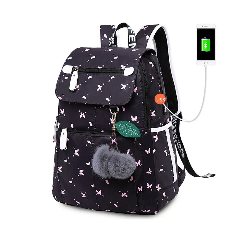 

DAYGOS female fashion school backpack usb school bags for girls black backpack plusch ball girl schoolbag butterfly decoration