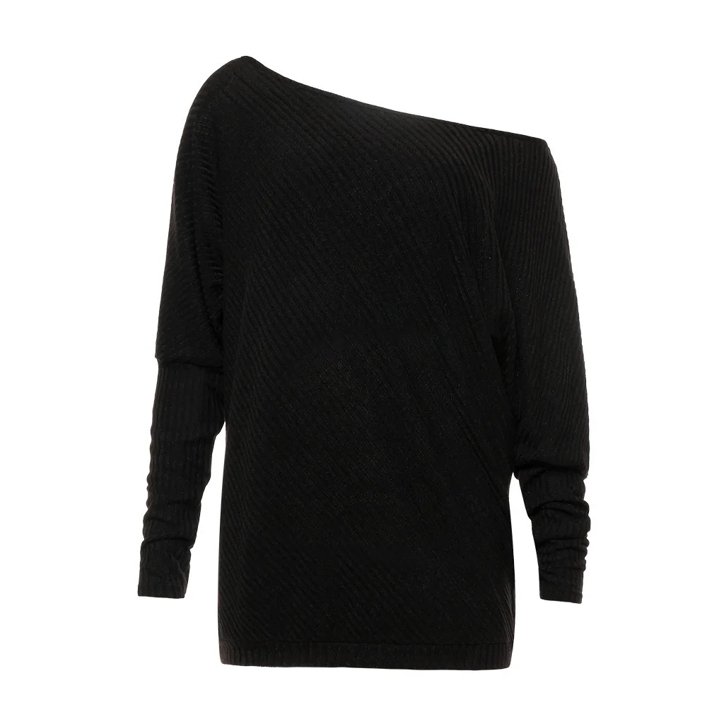 

New Sexy Women One Shoulder Knitwear Solid Color Batwing Sleeve Pullovers Sweaters Lady Tops Autumn Sweater