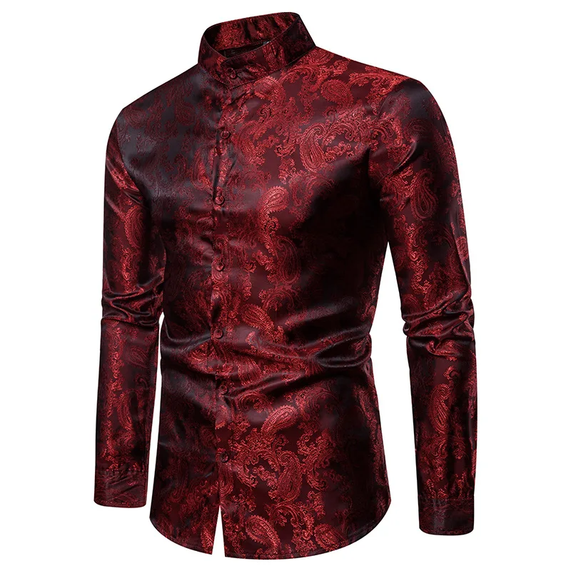

Red Blue White Gray 2019 Men Brand Fashion Luxury Dark Embroidery Slim Dress Shirts Bussiness Wedding Party Singer Stage Shirt