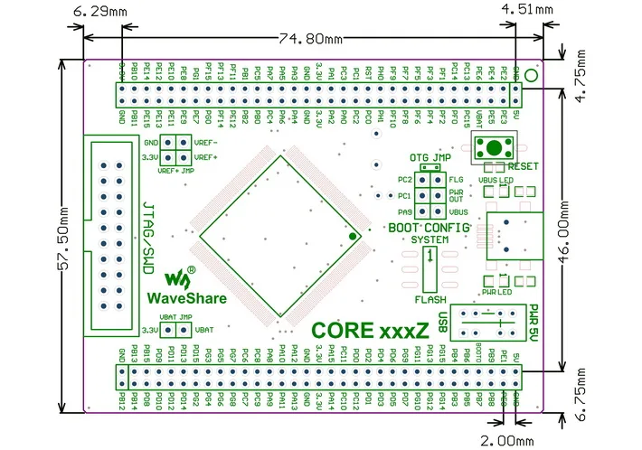 STM32 MCU core board dimensions