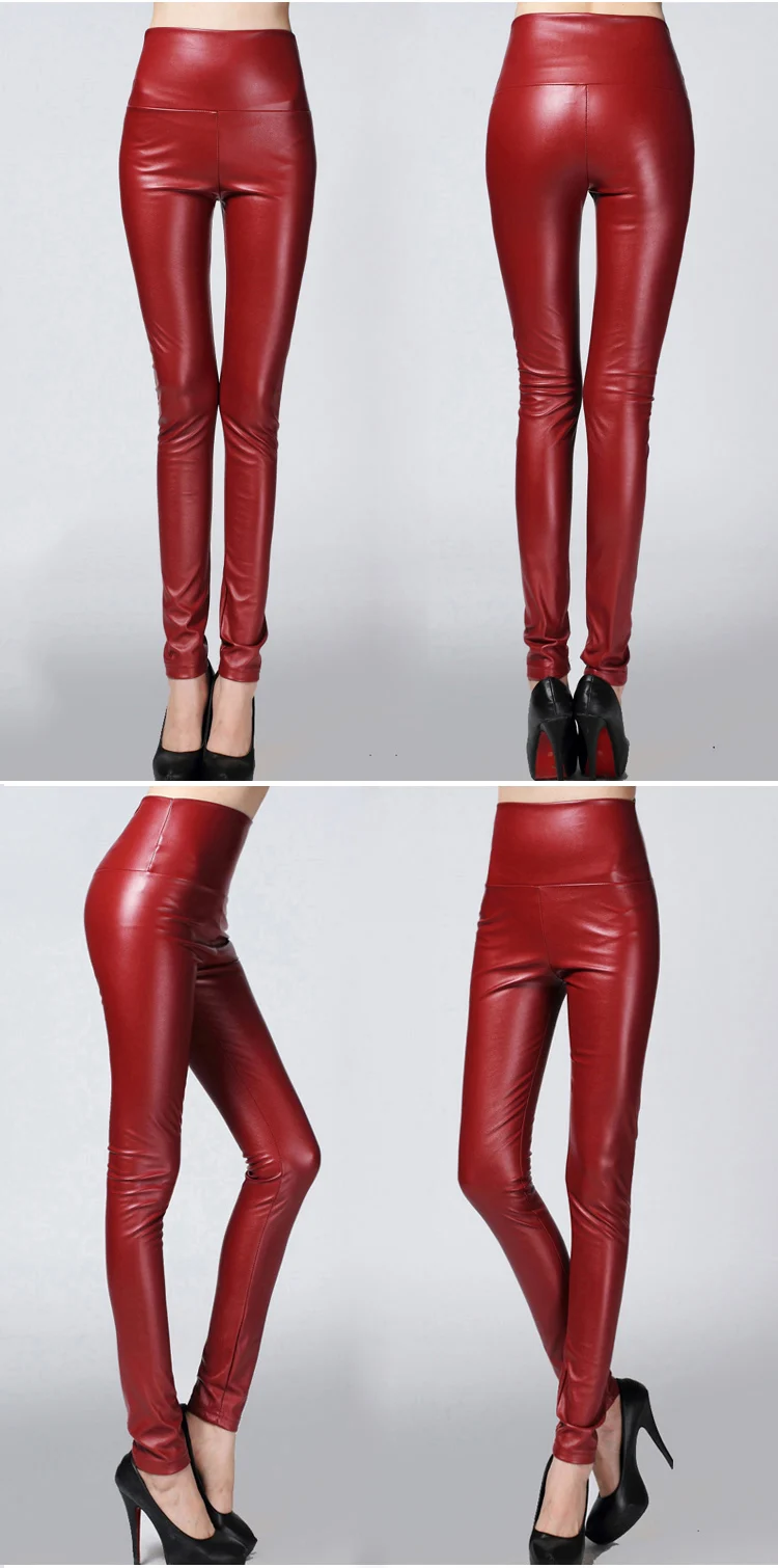Autumn and winter large size with fleece PU color imitation leather leggings high waist tight leather trousers for women slim (20)