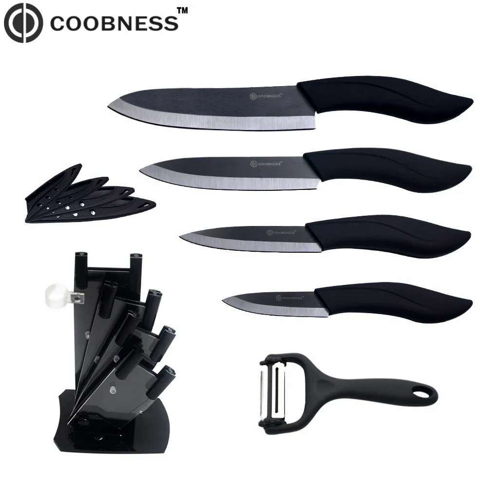 Black Blade Zirconia Kitchen Knife Set COOBNESS Acrylic Knife Holder + 3" 4" 5" 6" Cooking