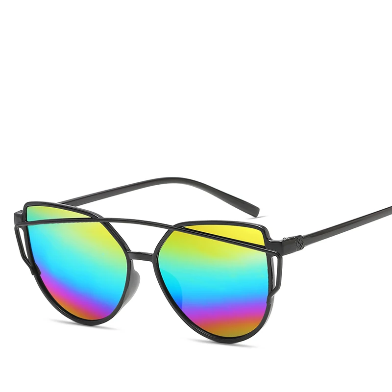 Модные брендовые женские солнцезащитные очки "кошачий глаз", двухлучевые солнцезащитные очки, женские ретро очки с зеркальным покрытием, Плоские линзы - Цвет линз: Colors