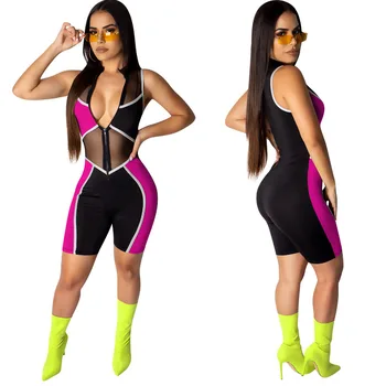 

Color Patchwork Sheer Mesh Bodycon Jumpsuit Women Sexy Zipper Deep V Neck Sleeveless Night Party Playsuit Romper overalls outfit