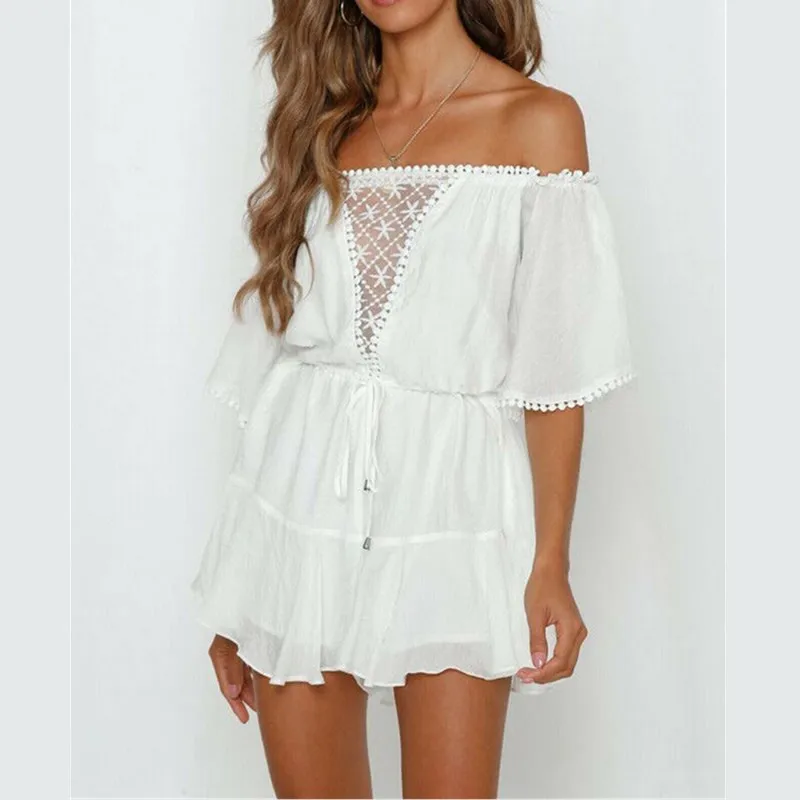 

Womens White Elegant Lace Jumpsuit Playsuits Femmes Fashion Romper Summer Holiday Bodycon Party Beach Shorts Casual Trousers NEW