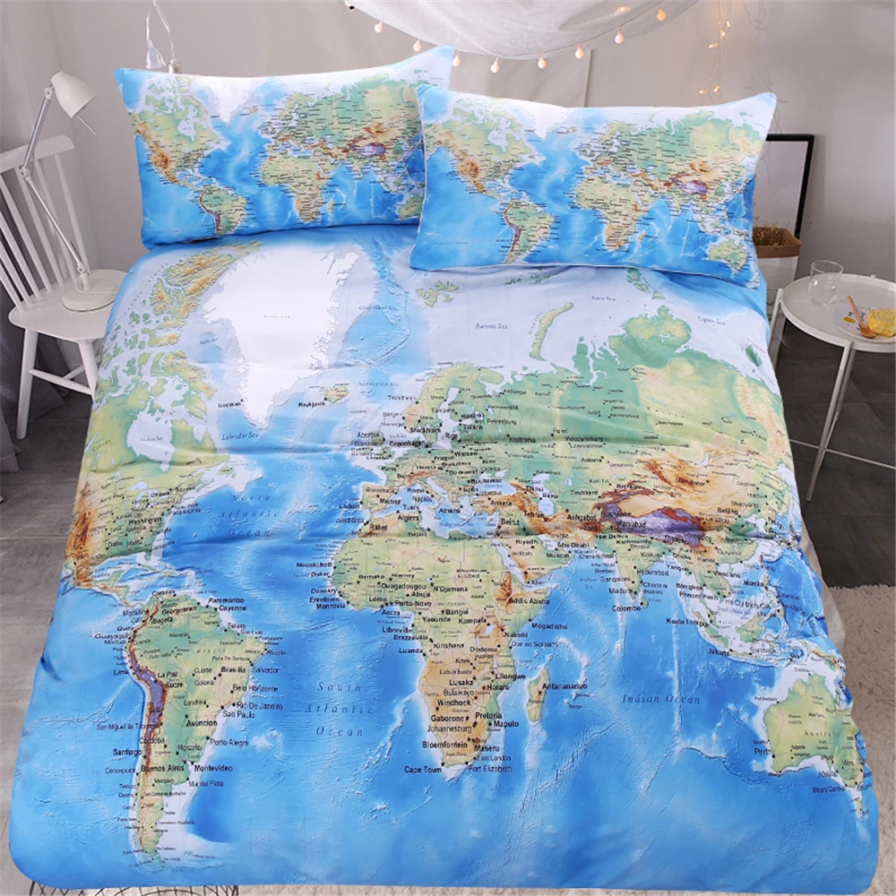 3pcs blue ocean world map printed bedding sets with 1 duvet cover 2
