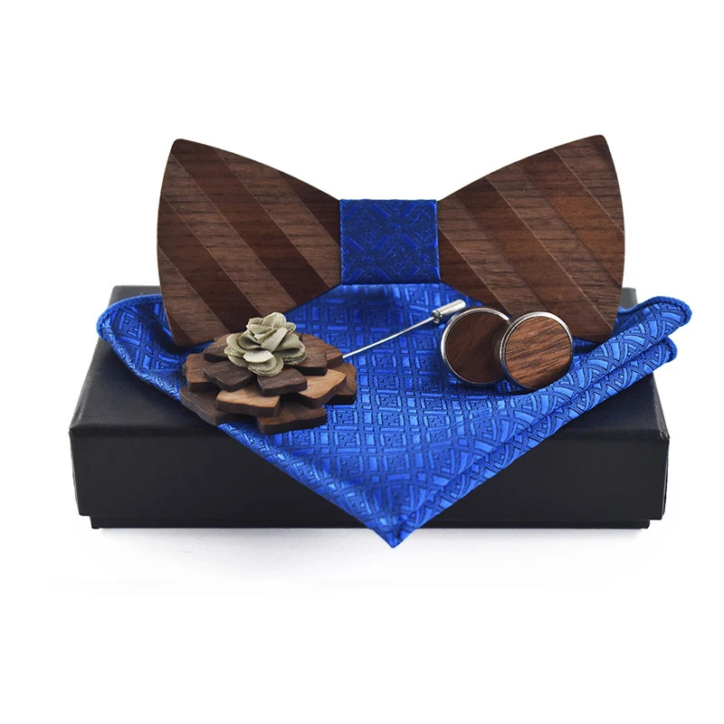  Mens Wood Bow Tie Handkerchief Cufflinks Lapel Pin Set for Male Wedding Wooden Bowtie Polyester Poc