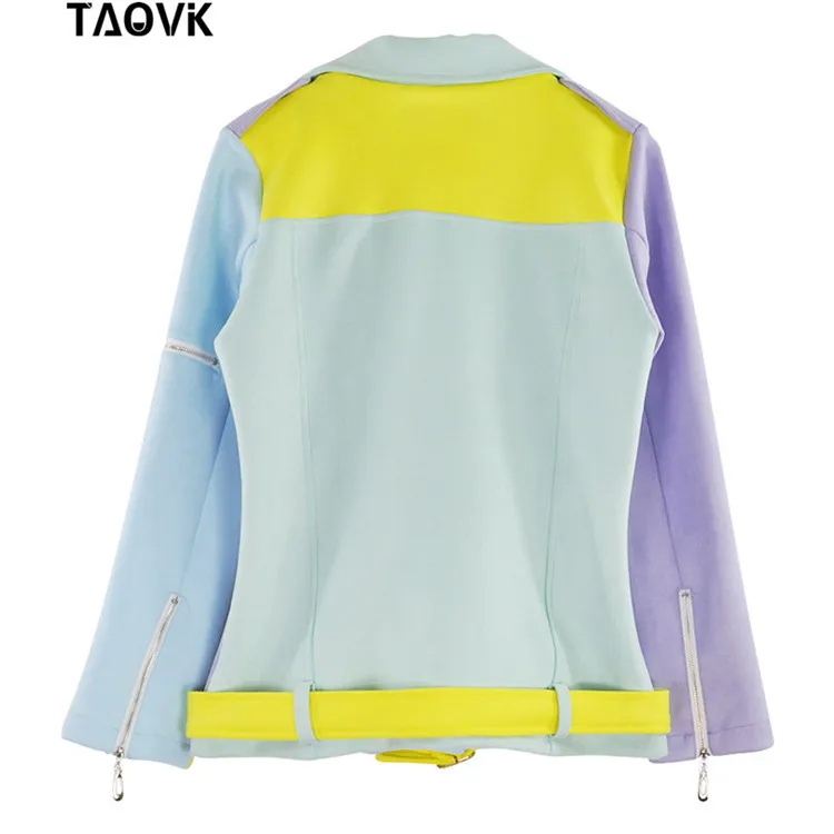 TAOVK замшевые сказочные Базовые Куртки с цветными блоками и отворотами, пальто на молнии, крутая мотоциклетная куртка с поясом, синий, фиолетовый, желтый