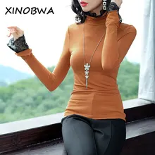 Европа осень женские уличные модные сексуальные тонкие кружевные лоскутные расклешенные рубашки с длинным рукавом Женские Горячие футболки