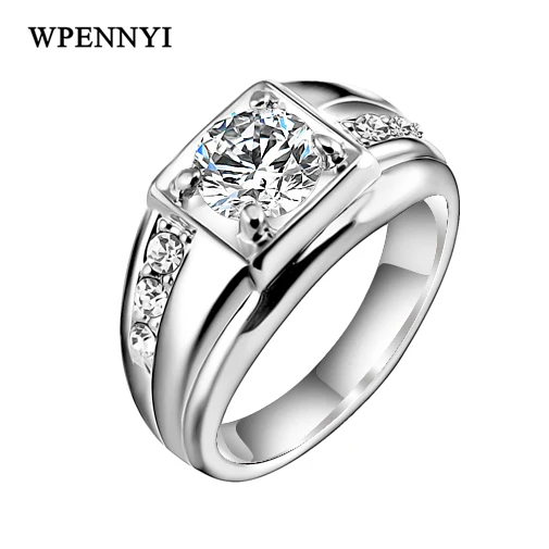 

For Man White Gold Color Sparkling Zirconia Rhinestones Inlaid Hearts and Arrows Jewelry Wedding Finger Ring Wholesale