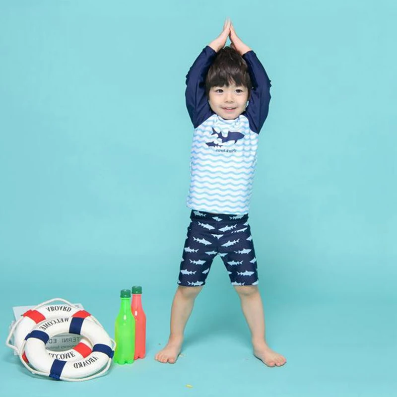 

Boy Rash Guard Swimming Cap Kit Swimwear Children Kid Long Sleeve Shirt Shorts Shark Printed Sunshade Swimsuit Beach Surf Suit