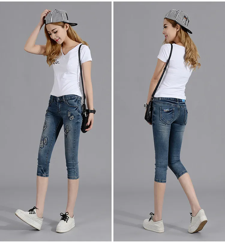 2019 Летняя мода джинсы-карандаш женские бабочки вышитые джинсы женские синие повседневные 25-36 брюки капри Y253