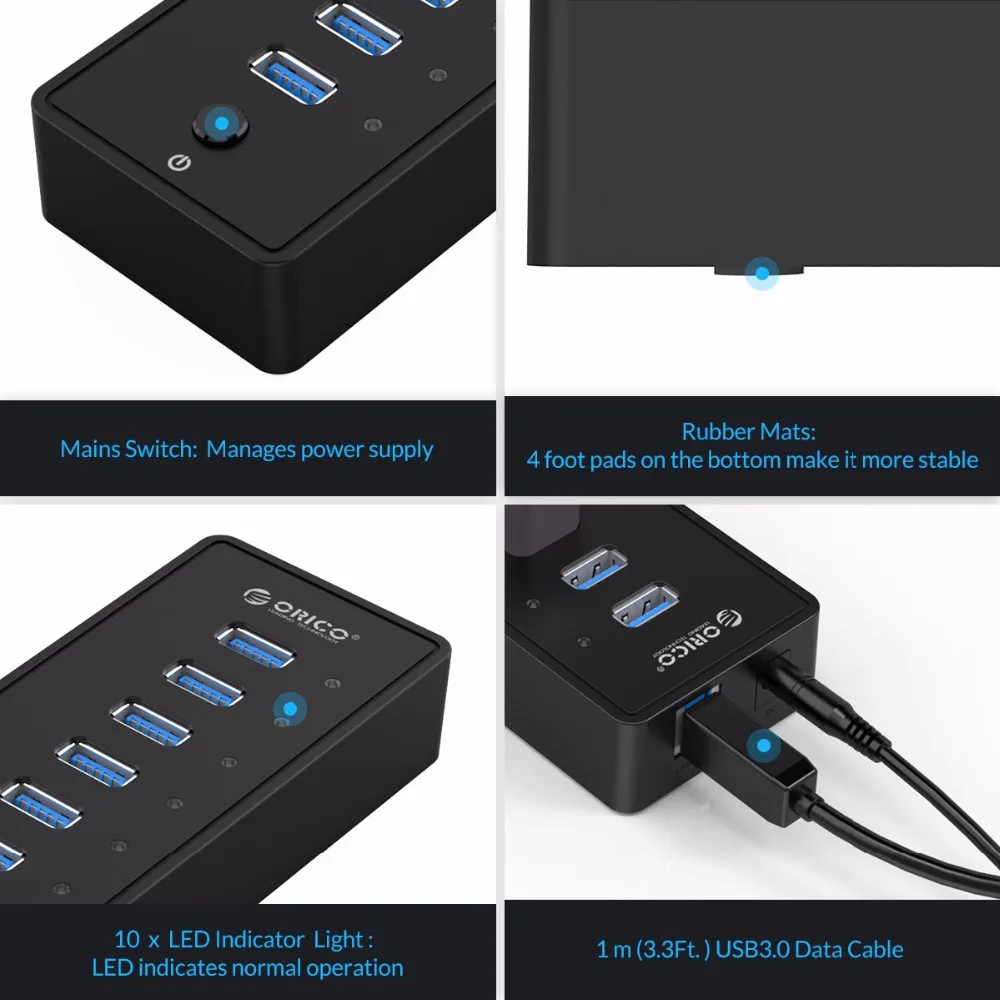  ORICO P10-U3 10 Port USB 3.0 HUB Desk USB Splitter With 3.3Ft / 1M USB3.0 Cable VL812 Chipsets 12V 