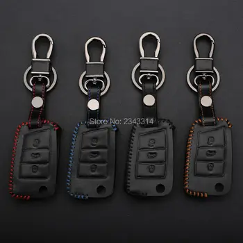 

Hand Stitched Leather Car Keychain for Volkswagen/Vw Golf 7 MK7 3 Buttons Remote Folding Key Cover Case Car Styling Accessories