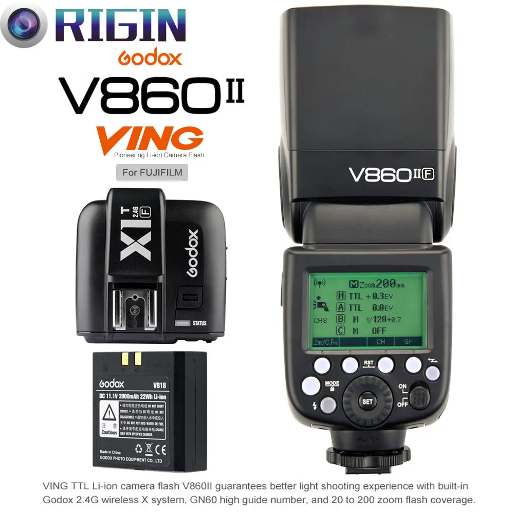 

Godox V860II-F GN60 HSS 1/8000s Off Camera Flash Speedlite 2.4G Wireless X System With lithium battery+X1T-F Kit For Fujifilm