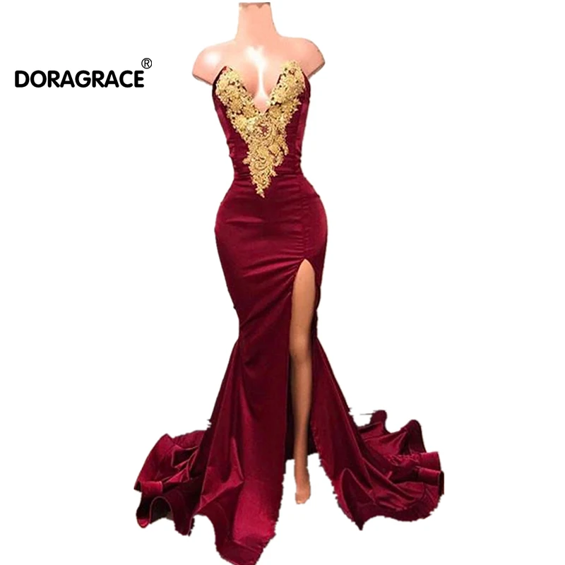 

Doragrace vestidos de fiesta New Sexy Deep V-Neck High Side Split Mermaid Prom Dresses Burgundy Evening Party Gowns
